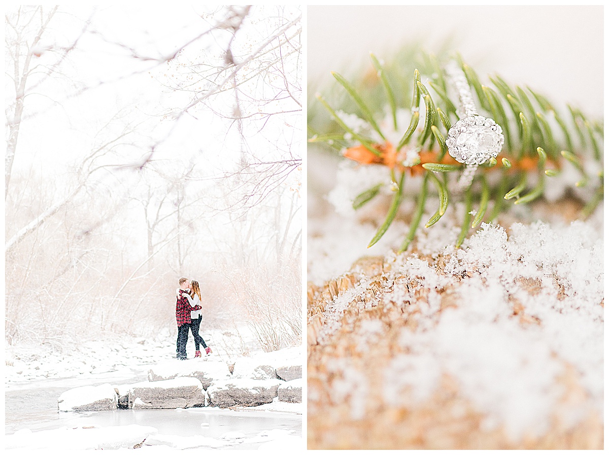 Golden, Colorado winter engagement session at Golden Historic Park with halo ring
