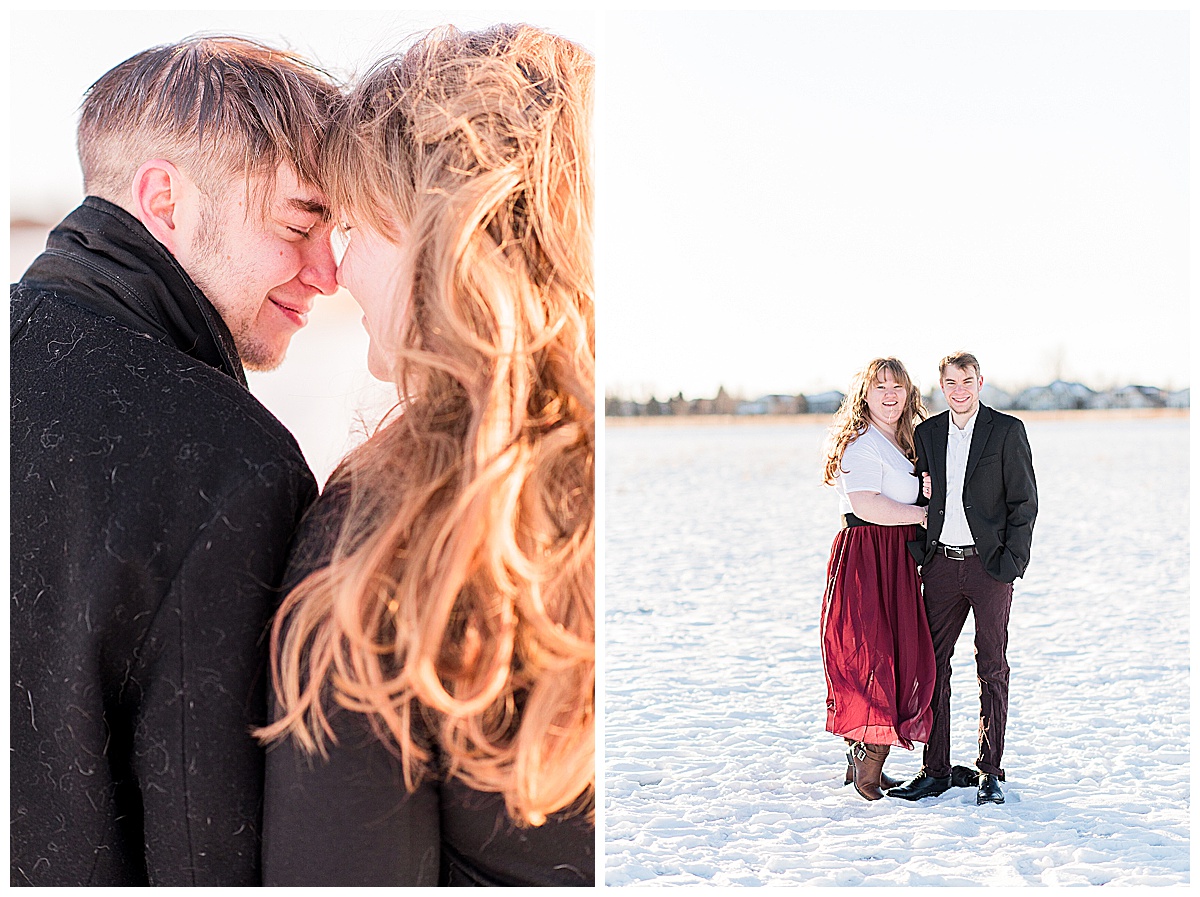 winter engagement pictures with snow and dogs