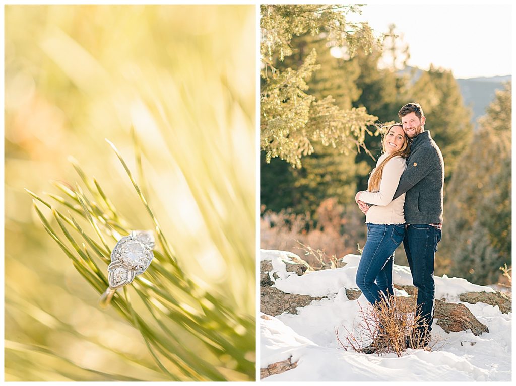 Colorado mountain winter engagement pictures engagement ring